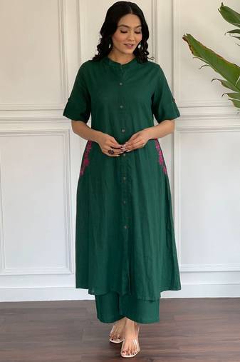Floral printed green v neck pure cotton kurta set with trouser