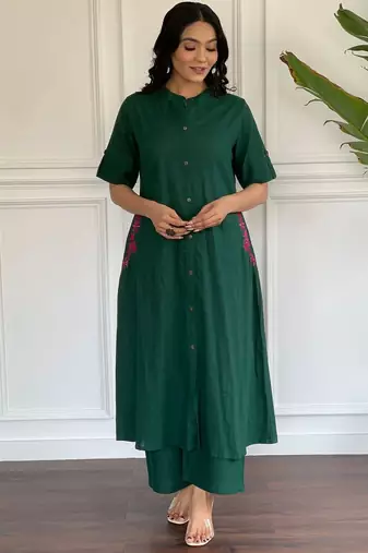 Floral printed green v neck pure cotton kurta set with trouser