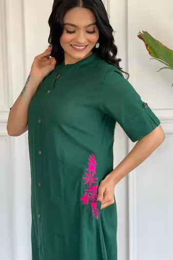 Floral printed green v neck  cotton kurta set with trouser