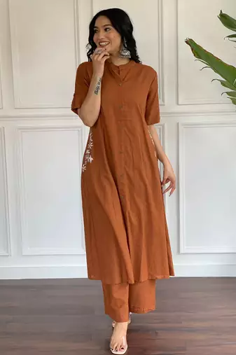 Floral printed brown v neck pure cotton kurta set with trouser