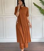 Floral printed brown v neck pure cotton kurta set with trouser