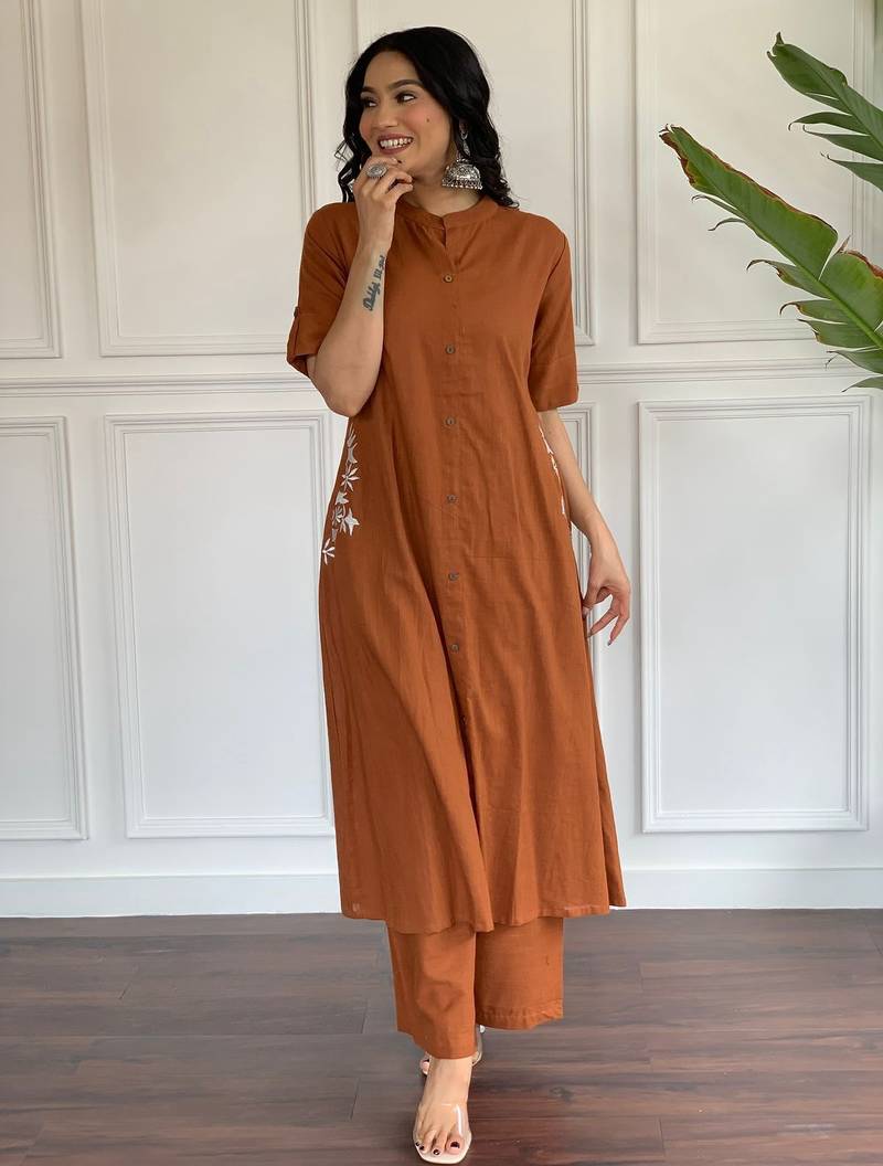 Floral printed brown v neck pure cotton kurta set with trouser