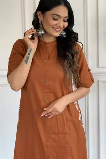Floral printed brown v neck pure cotton kurta set with trouser