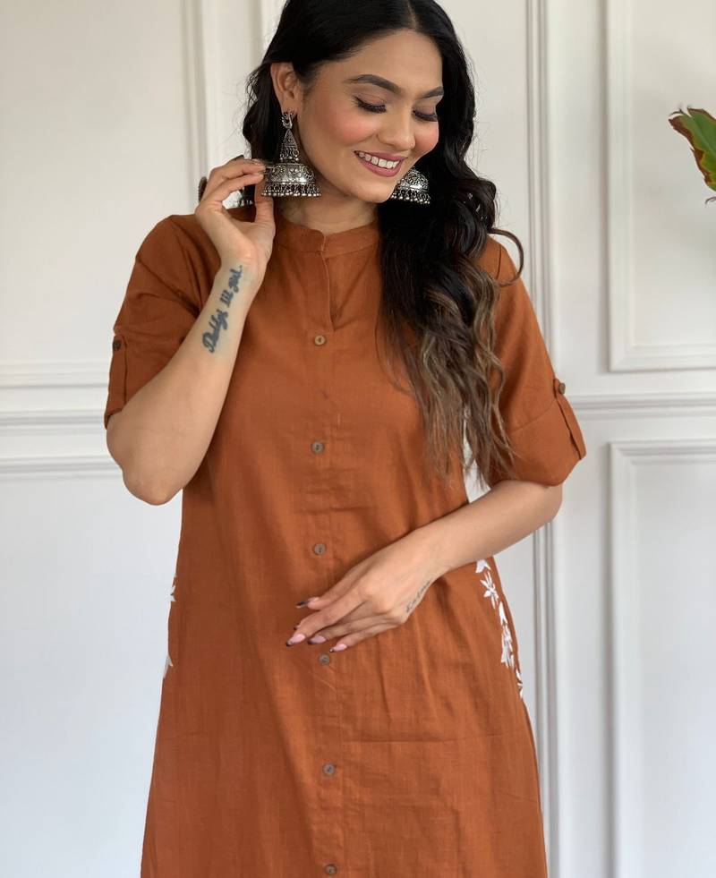 Floral printed brown v neck pure cotton kurta set with trouser