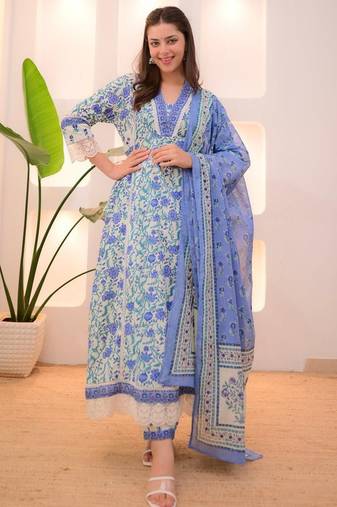 Floral embroidered blue v neck pure cotton kurta set with trouser & dupatta