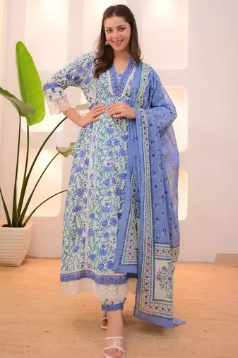 Floral embroidered blue v neck pure cotton kurta set with trouser & dupatta