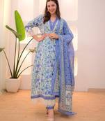 Floral embroidered blue v neck pure cotton kurta set with trouser & dupatta