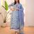 Floral embroidered blue v neck pure cotton kurta set with trouser & dupatta