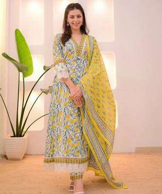 Floral embroidered yellow v neck pure cotton kurta set with trouser & dupatta 1