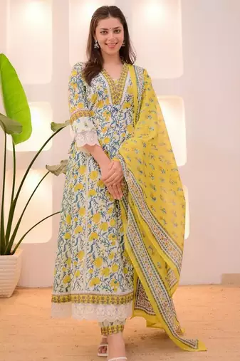 Floral embroidered yellow v neck pure cotton kurta set with trouser & dupatta