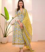 Floral embroidered yellow v neck pure cotton kurta set with trouser & dupatta