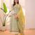 Floral embroidered yellow v neck pure cotton kurta set with trouser & dupatta