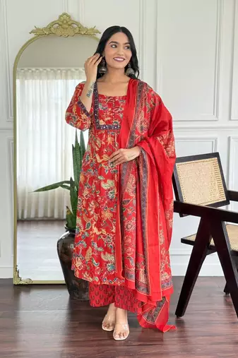 Floral printed red v neck pure cotton kurta set with trouser & dupatta