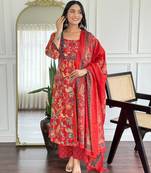 Floral printed red v neck pure cotton kurta set with trouser & dupatta