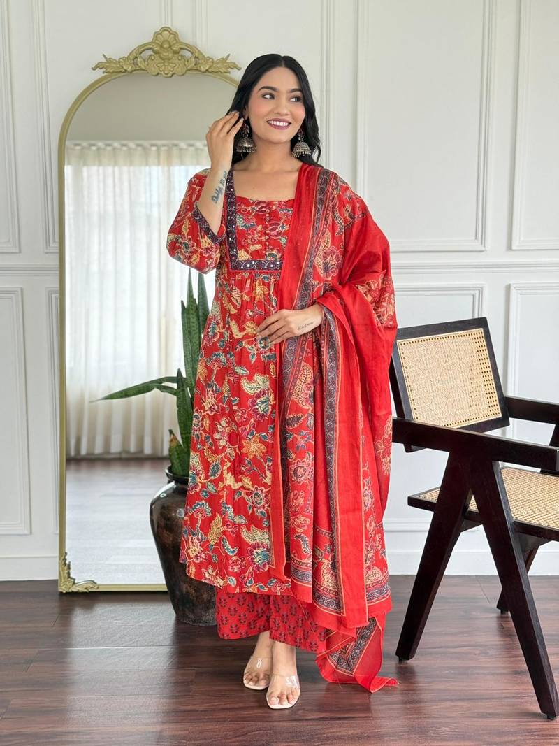 Floral printed red v neck pure cotton kurta set with trouser & dupatta