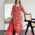 Floral printed red v neck pure cotton kurta set with trouser & dupatta