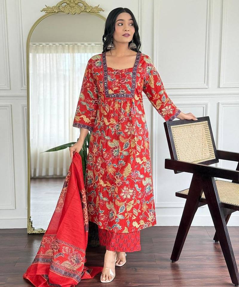 Floral printed red v neck pure cotton kurta set with trouser & dupatta