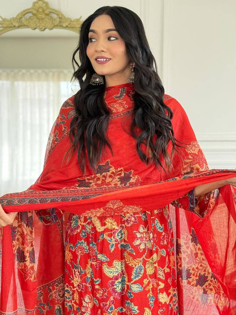 Floral printed red v neck pure cotton kurta set with trouser & dupatta
