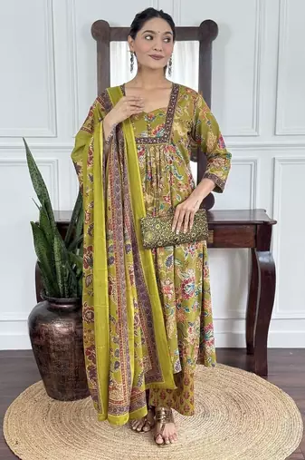 Floral printed green v neck pure cotton kurta set with trouser & dupatta