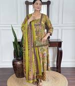 Floral printed green v neck pure cotton kurta set with trouser & dupatta