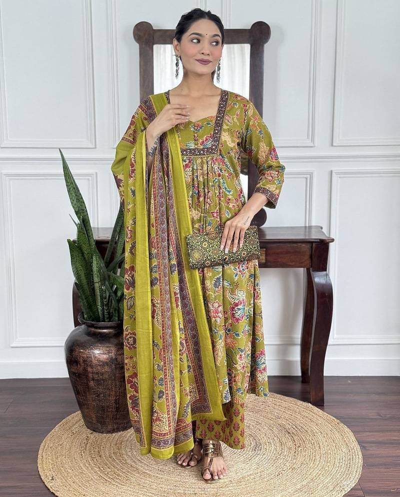 Floral printed green v neck pure cotton kurta set with trouser & dupatta