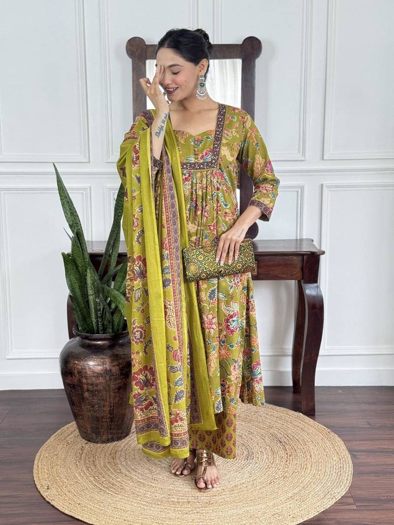 Floral printed green v neck pure cotton kurta set with trouser & dupatta