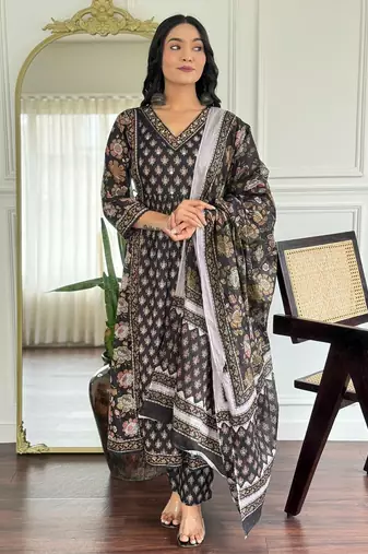 Floral embroidered black v neck pure cotton kurta set with trouser & dupatta