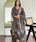 Floral embroidered black v neck pure cotton kurta set with trouser & dupatta