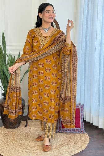 Floral embroidered yellow v neck pure cotton kurta set with trouser & dupatta