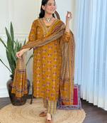 Floral embroidered yellow v neck pure cotton kurta set with trouser & dupatta