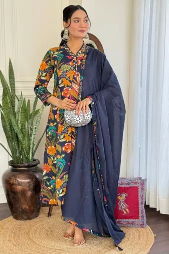 Floral embroidered blue v neck pure cotton kurta set with trouser & dupatta