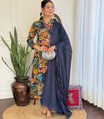 Floral embroidered blue v neck pure cotton kurta set with trouser & dupatta