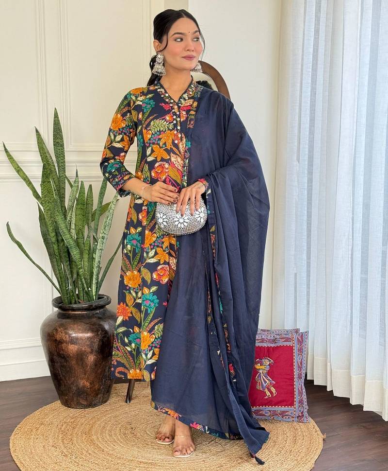 Floral embroidered blue v neck pure cotton kurta set with trouser & dupatta