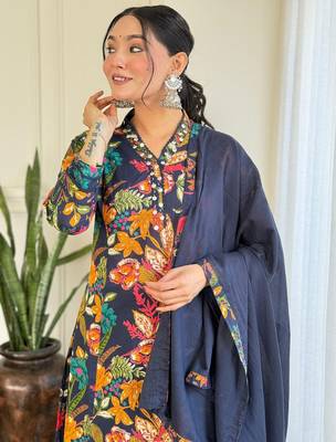 Floral embroidered blue v neck  cotton kurta set with trouser & dupatta 2