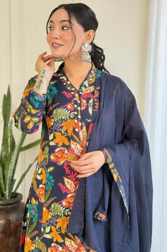 Floral embroidered blue v neck  cotton kurta set with trouser & dupatta