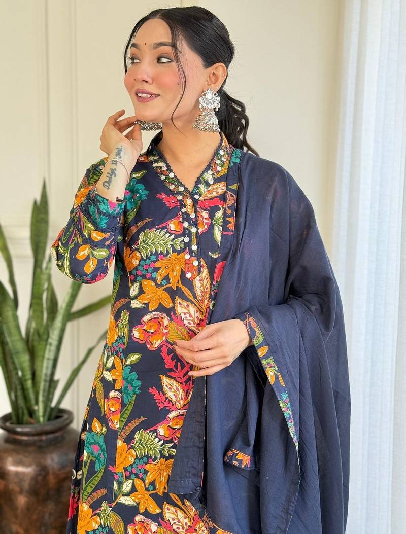 Floral embroidered blue v neck pure cotton kurta set with trouser & dupatta