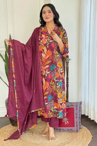 Floral embroidered maroon v neck pure cotton kurta set with trouser & dupatta
