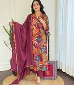 Floral embroidered maroon v neck pure cotton kurta set with trouser & dupatta
