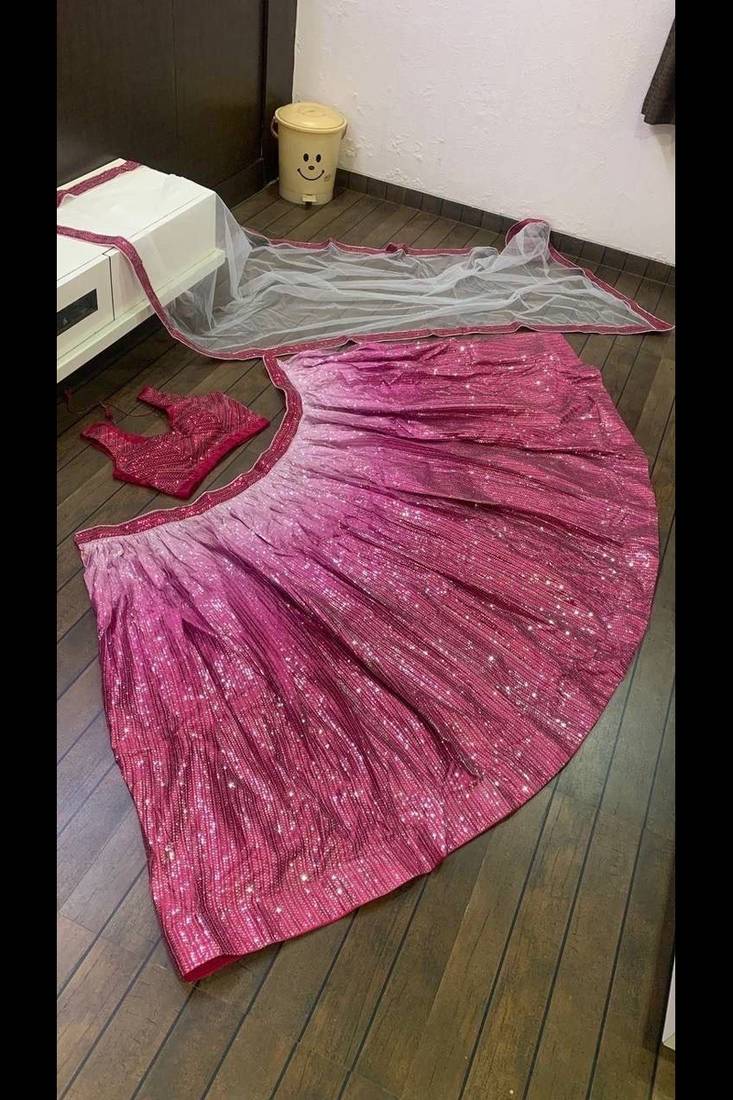 Pink Sequins Work Glitter Georgette Flared Lehenga with Blouse