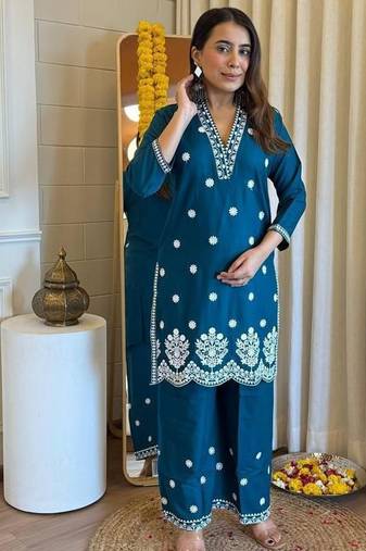 Floral embroidered blue v neck pure cotton kurta set with trouser