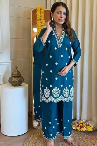 Floral embroidered blue v neck pure cotton kurta set with trouser