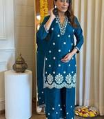 Floral embroidered blue v neck pure cotton kurta set with trouser