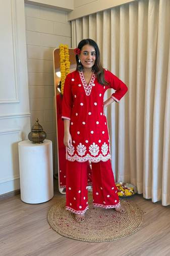Floral embroidered red v neck pure cotton kurta set with trouser
