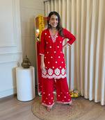 Floral embroidered red v neck pure cotton kurta set with trouser