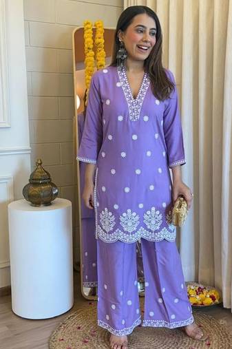 Floral embroidered purple v neck pure cotton kurta set with trouser