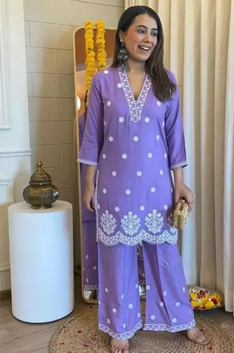 Floral embroidered purple v neck pure cotton kurta set with trouser
