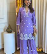 Floral embroidered purple v neck pure cotton kurta set with trouser