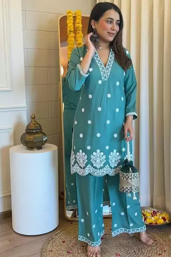 Floral embroidered green v neck pure cotton kurta set with trouser