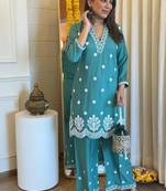 Floral embroidered green v neck pure cotton kurta set with trouser