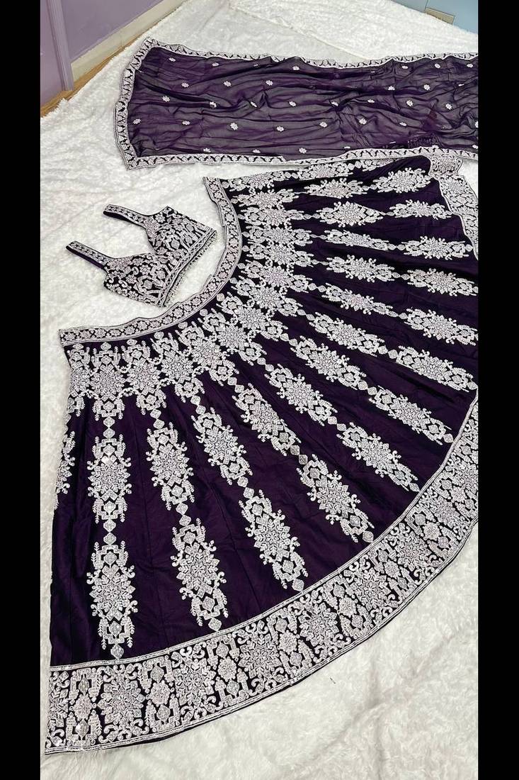 Wine Kasturi Silk Thread Sequin Embroidered Lehenga Choli